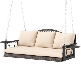 Outsunny 3 Person Wicker Hanging Outdoor Patio Porch Swing Bench with Cup Holders, Cushions, and Chains, Brown Outsunny 3 Person Wicker Hanging Outdoor Patio Porch Swing Bench with Cup Holders, Cushions, and Chains, Brown